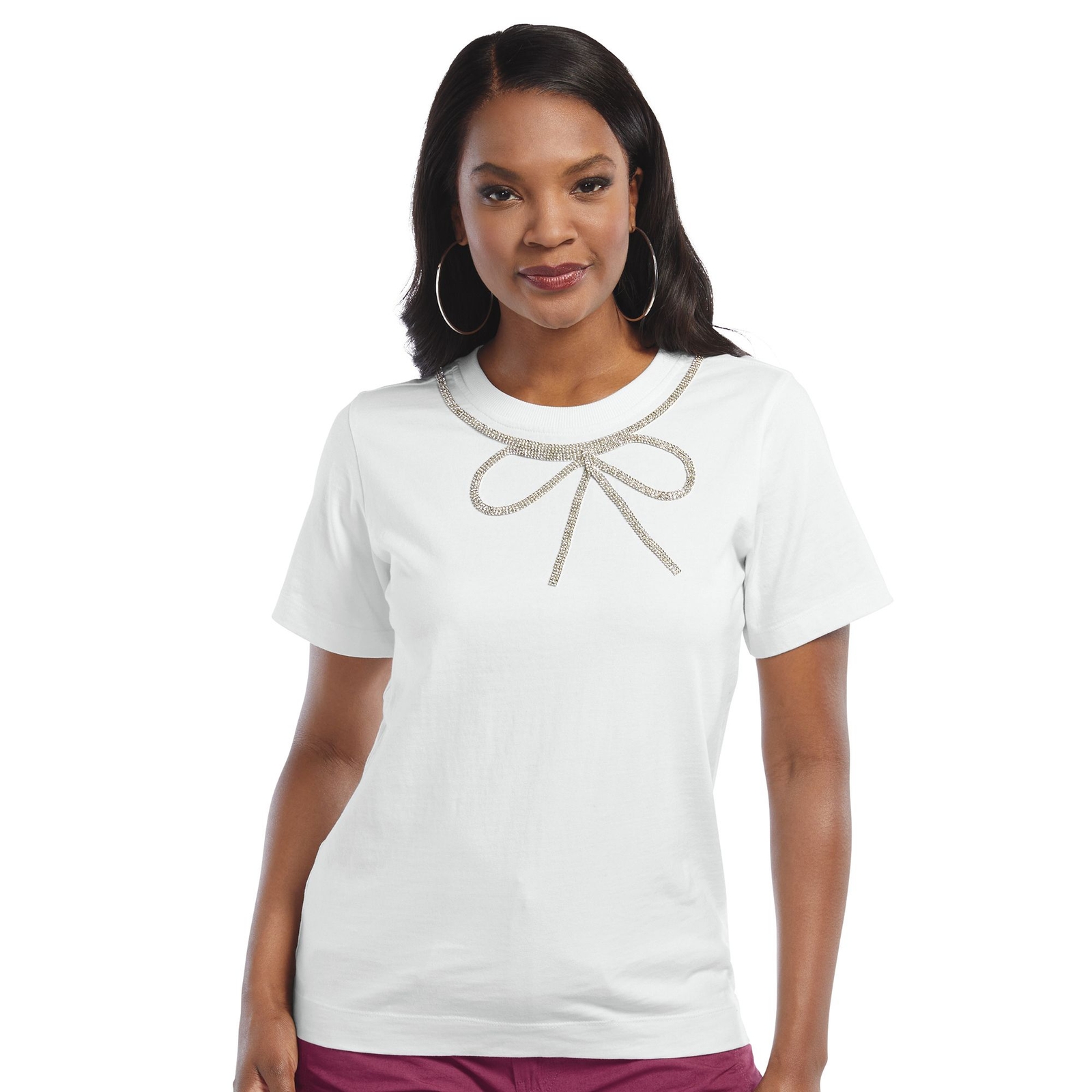 Masseys Rhinestone-Embellished Crew Neck Tee White Shirts 4X