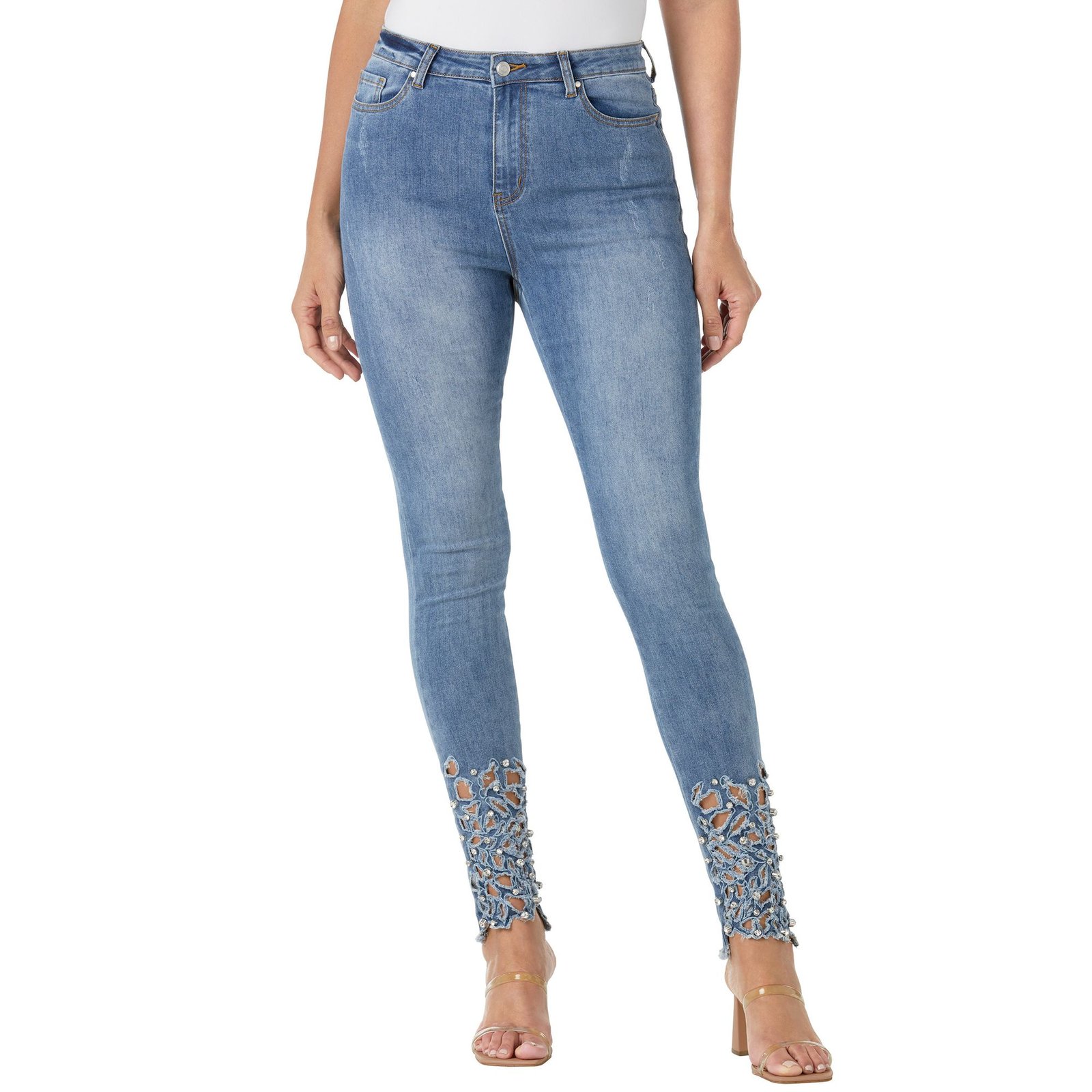 Masseys Cutout Rhinestone Skinny Jean Blue Pants 24W