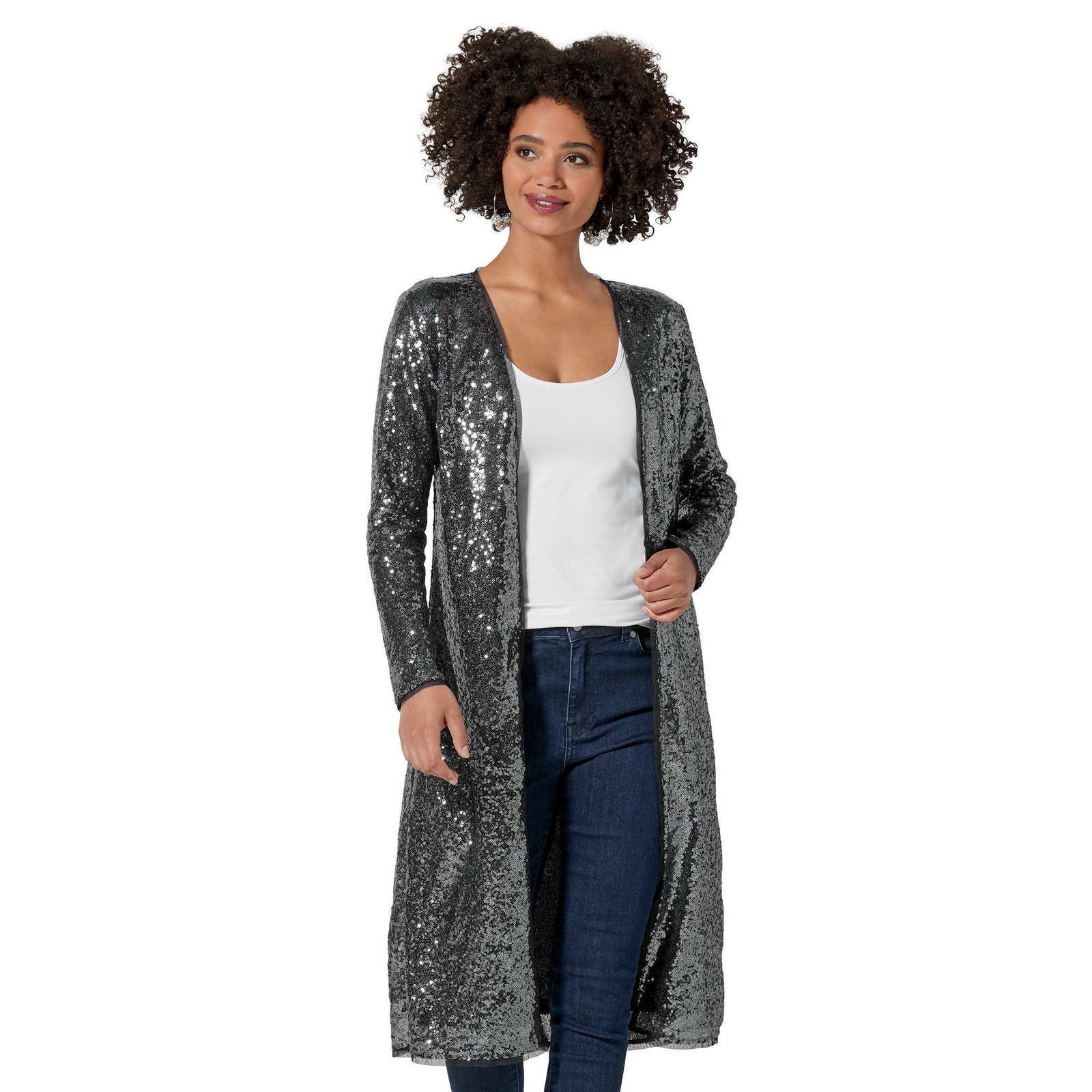 Masseys Sequin Open Front Jacket Metallic Pewter Jackets S