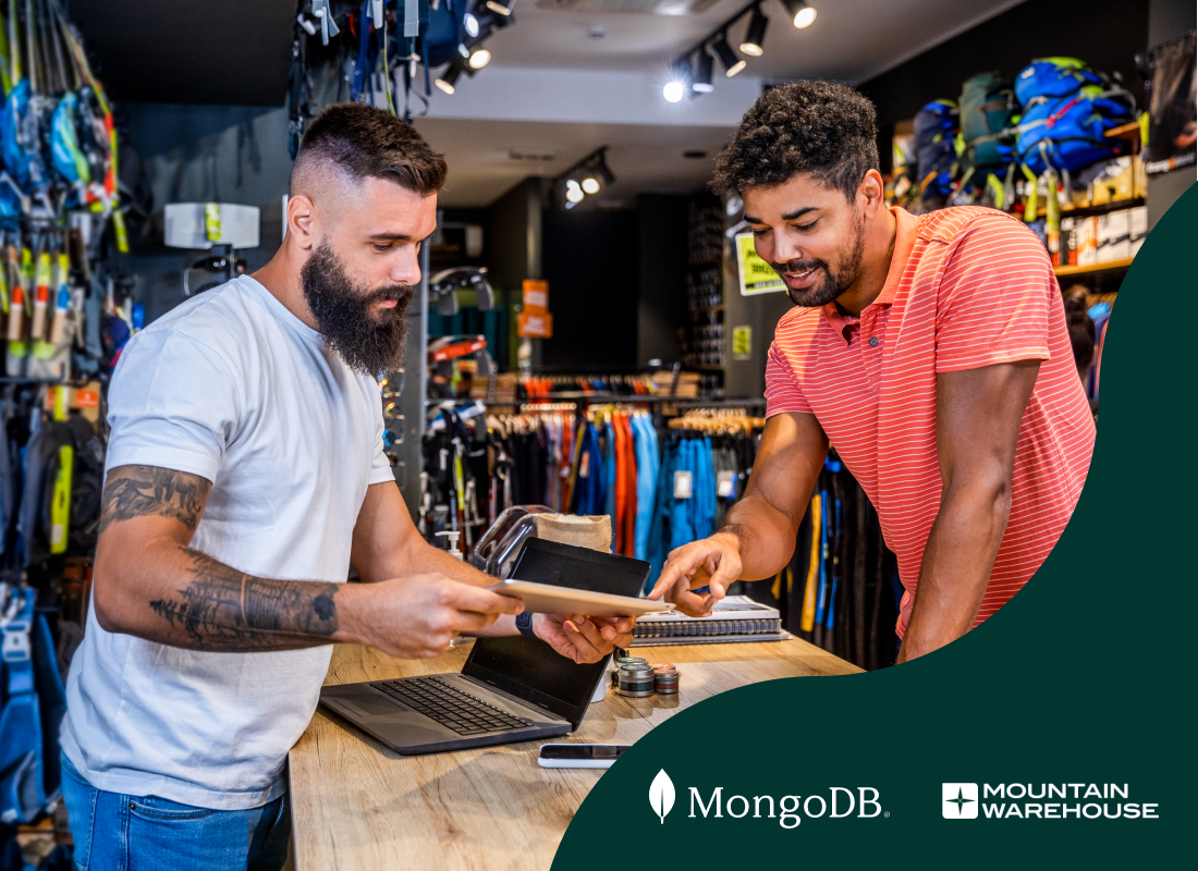 Illustration of two men in a store choosing mountain equipment