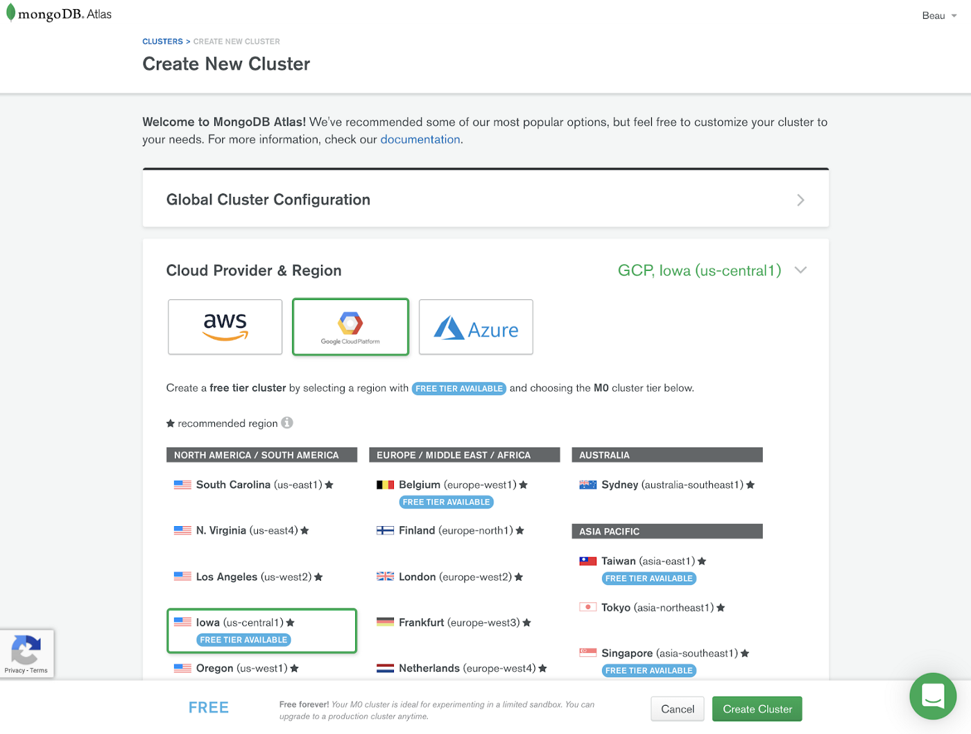 Atlas cluster builder screen