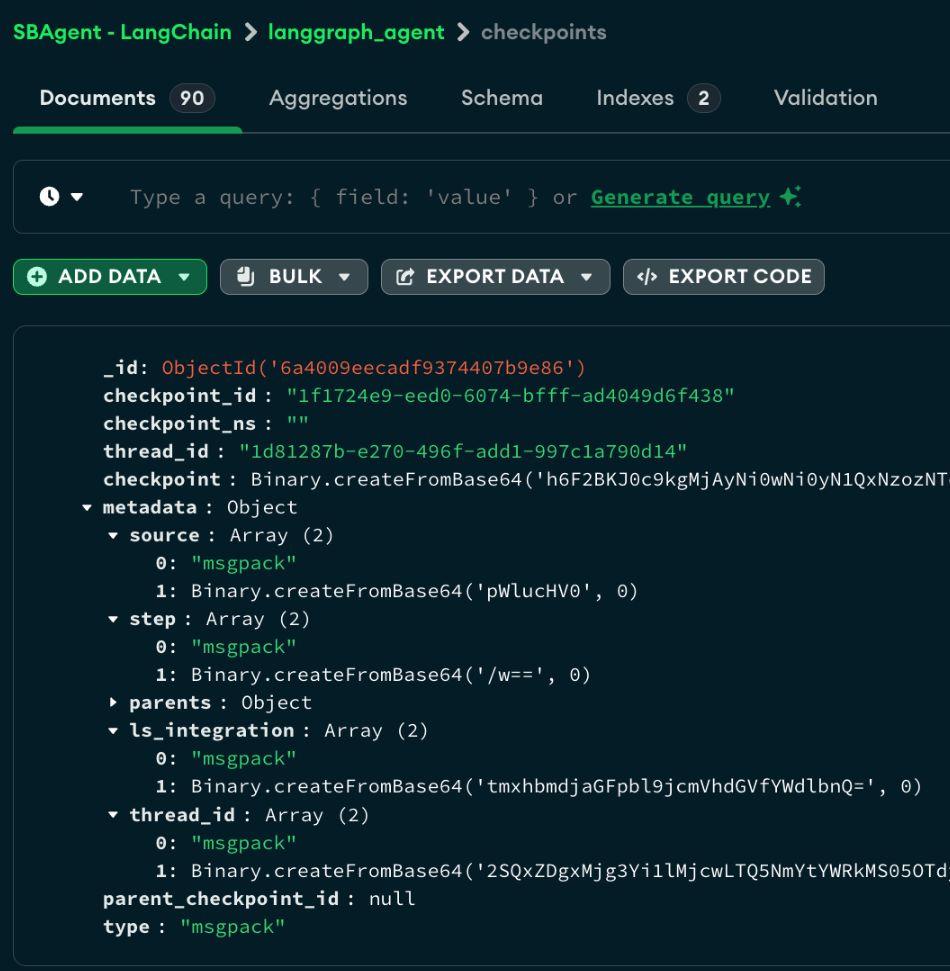 MongoDB Compass screenshot showing an unencrypted LangGraph checkpoint document with fields like checkpoint_id, thread_id, and checkpoint stored as base64-encoded binary data.