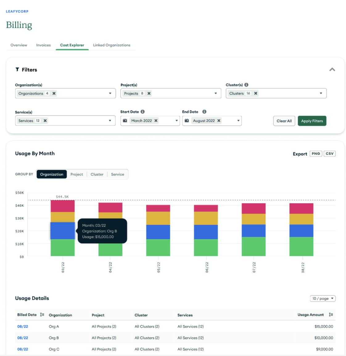 Screenshot displaying the billing and cost explorer dashboard. The dashboard displays usage by month, and the amount you have been paying per period.