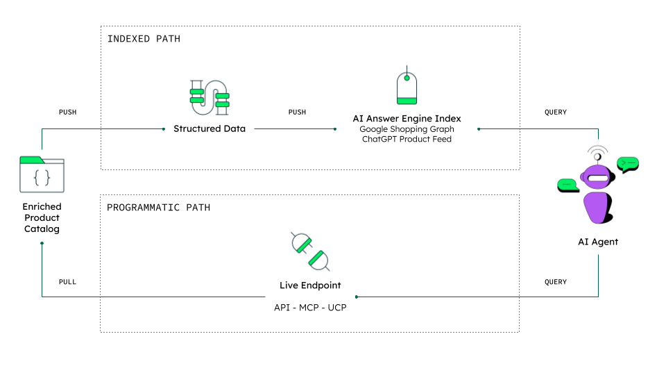 Diagram illustrating two paths for product discovery by AI agents: the indexed path (pushing structured data from the enriched product catalog to AI answer engine indexes like Google Shopping Graph and ChatGPT Product Feed) and the programmatic path (pulling live data via APIs, MCP, or UCP endpoints for direct AI agent queries).