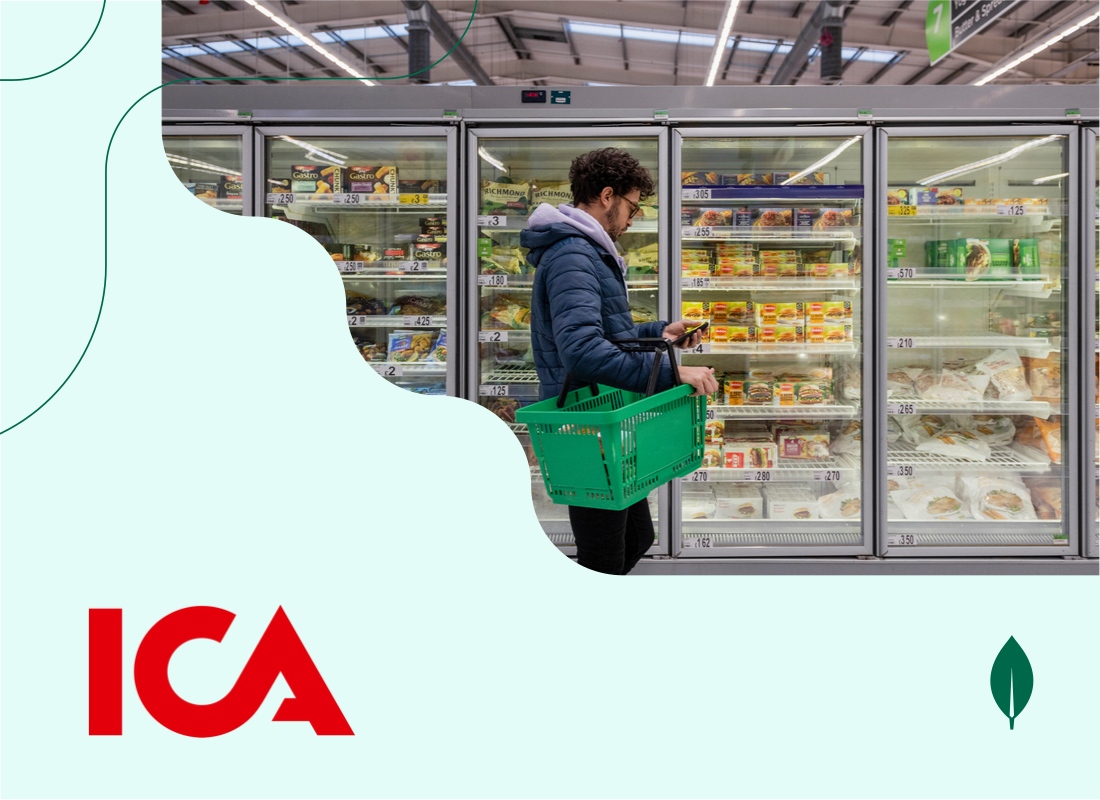 Illustration of a person holding a basket and looking at their mobile phone in a retail supermarket.