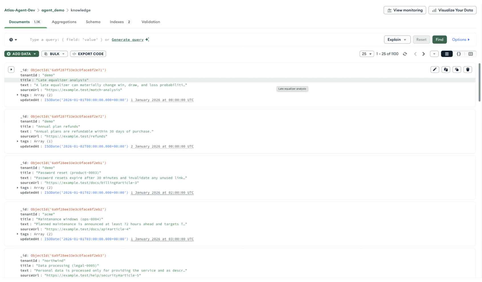 Screenshot of the MongoDB Atlas UI showing the knowledge collection inside the agent_demo database, listing document records with fields like tenantId, title, text, and tags, alongside tabs for documents, aggregations, schema, indexes, and validation.