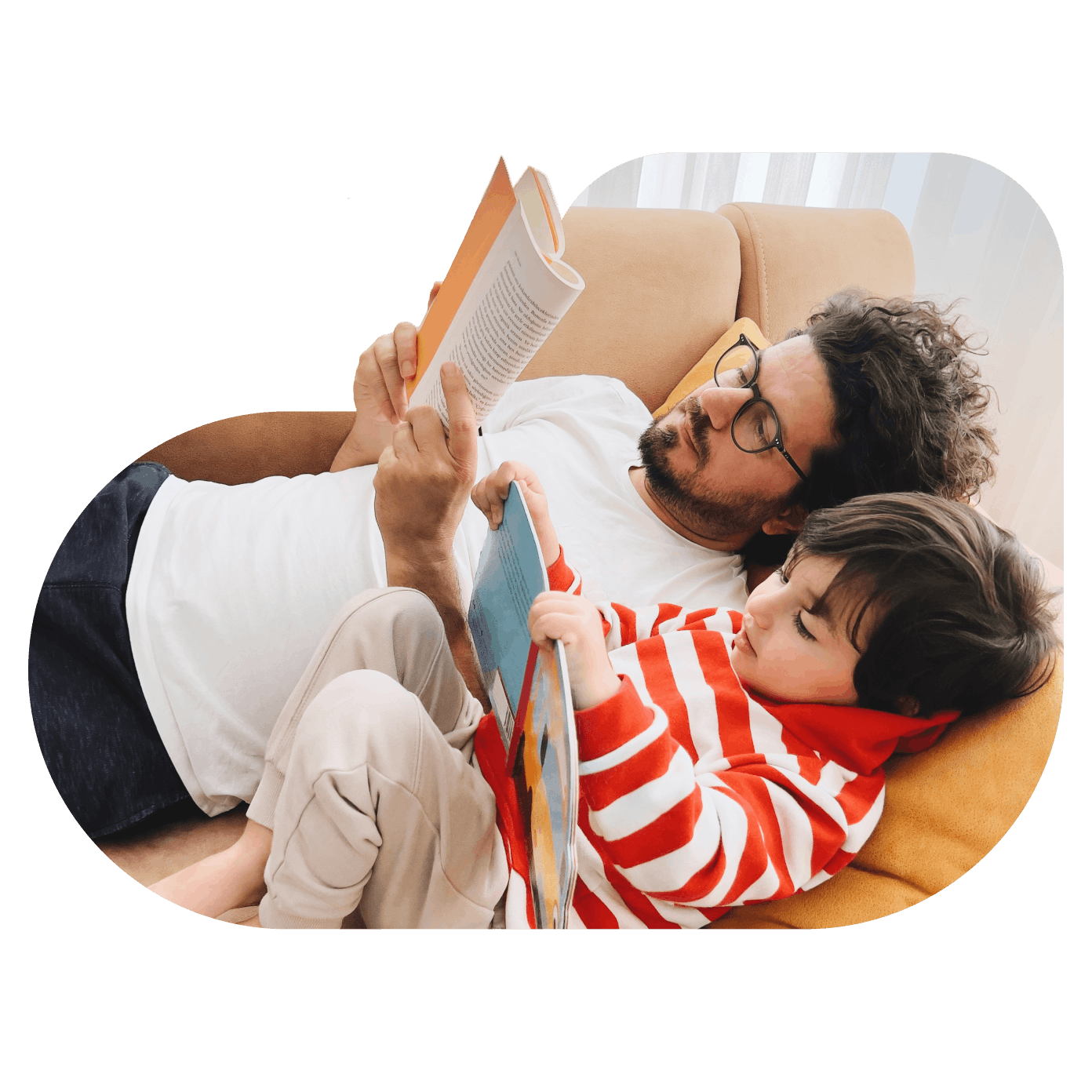 In the image, a father and child can be seen deeply immersed in reading, enjoying the moment together.