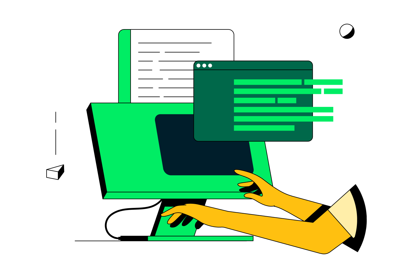 Illustration of hands typing on a laptop and a superimposed desktop window with some code on it.