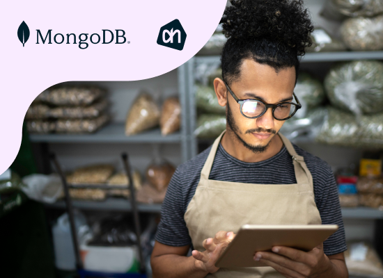 An illustration of a man working in a store with a tablet in his hand.