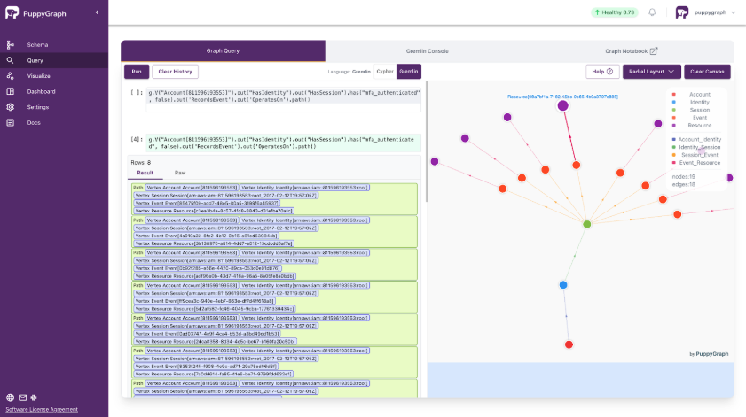 A screenshot of PuppyGraph UI showing graph visualization
