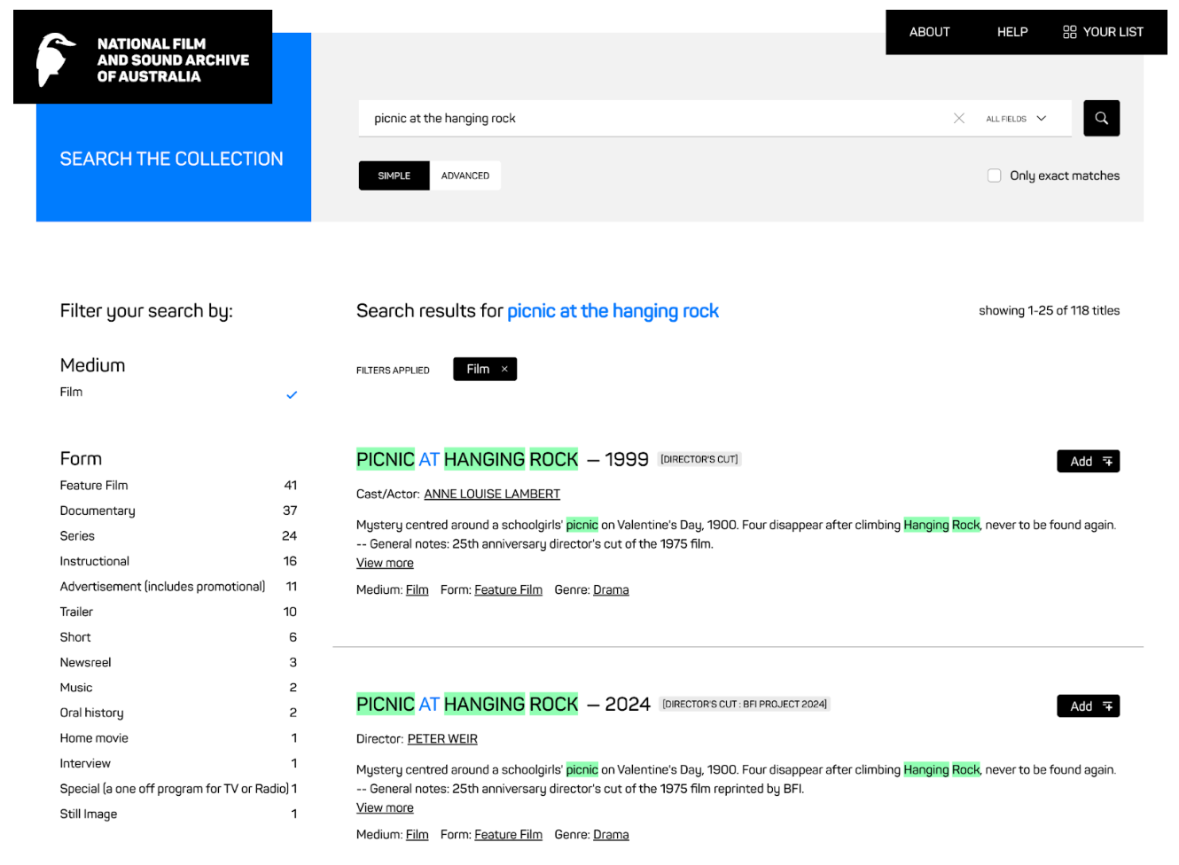 A search results page on the NFSA website