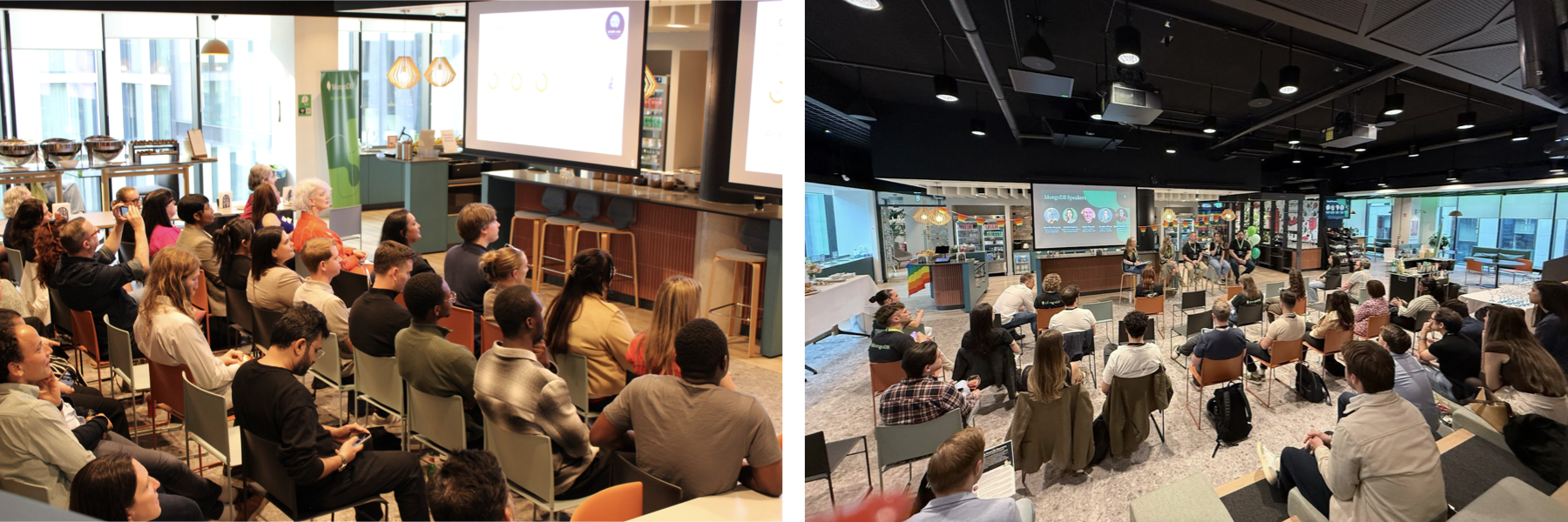 2 separate images of multiple employees of MongoDB attending events in the Dublin office.