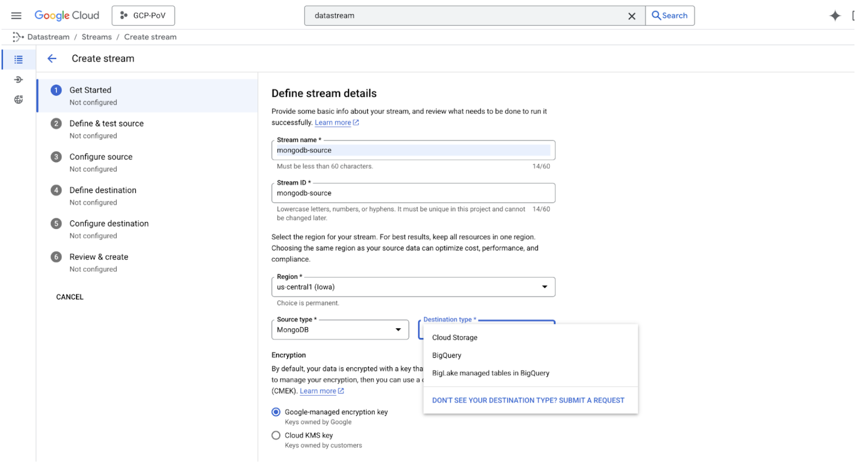 Screen grab of the Google Cloud dashboard showing MongoDB as the source connector.