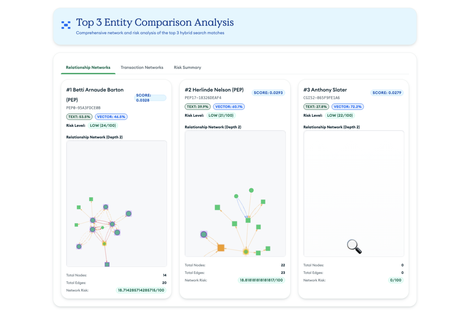 Vector Search powered entity analysis showing the level of network risk.