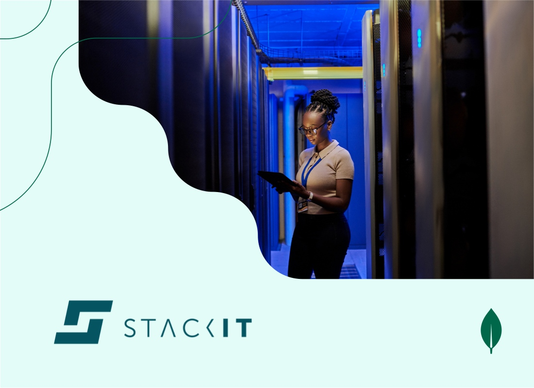 A photo of a woman working in a data center.