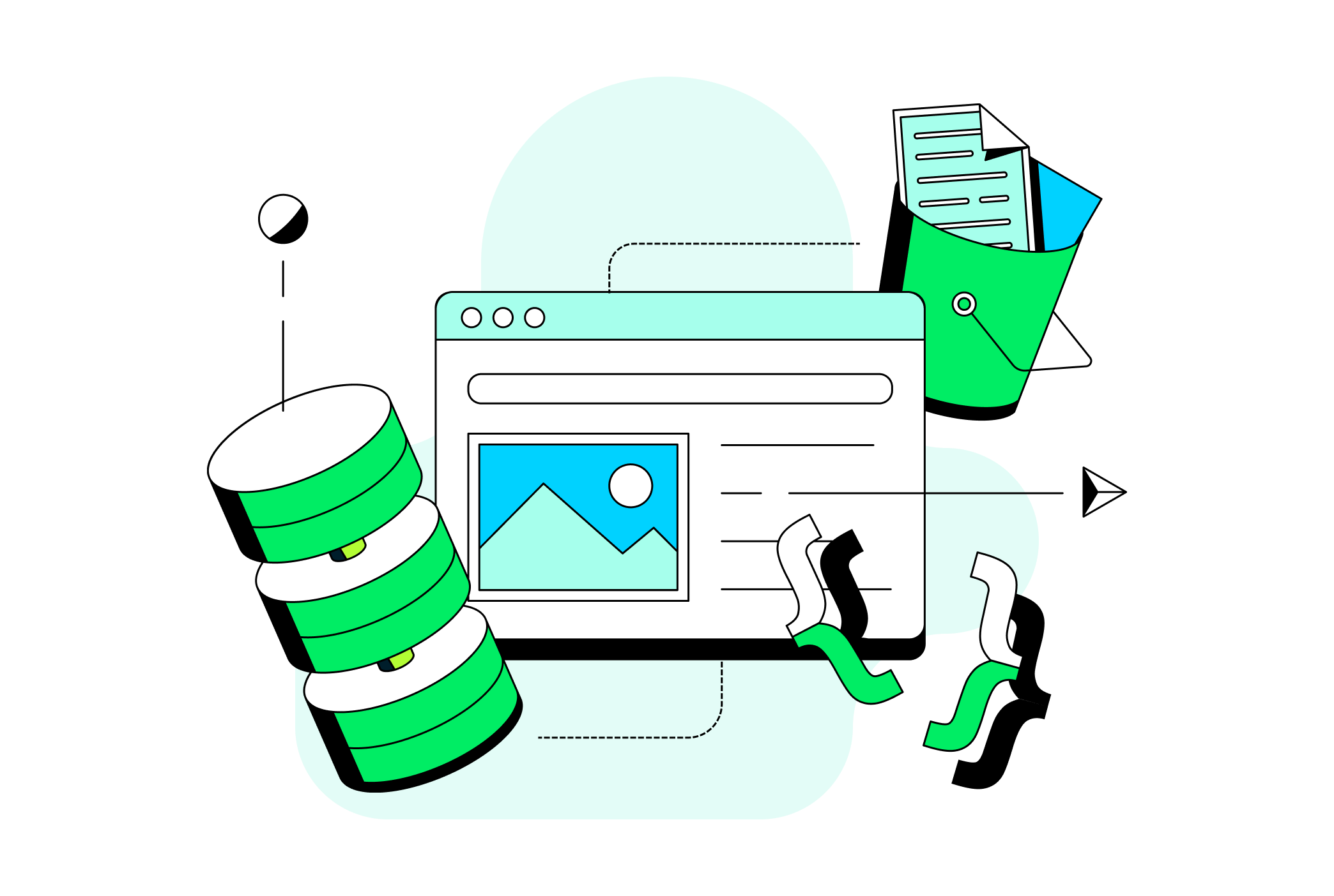 Illustration of a database, interface and data bucket