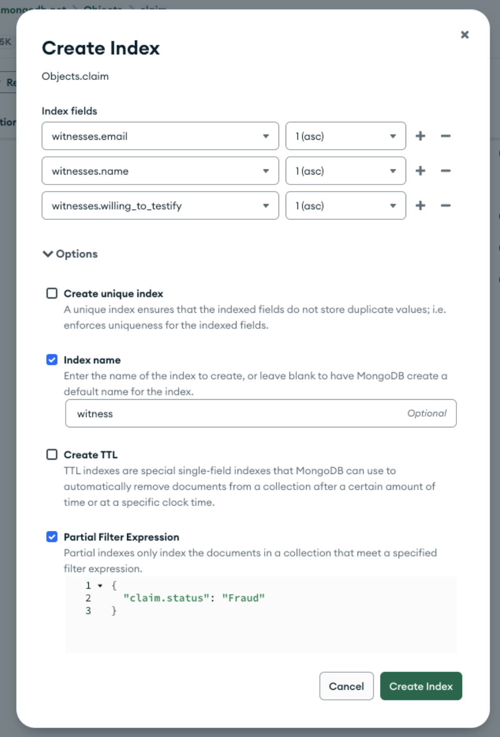 Creating a partial filter on witnesses.email, witnesses.name, witnesses.willing_to_testify with a partial filter condition of { 