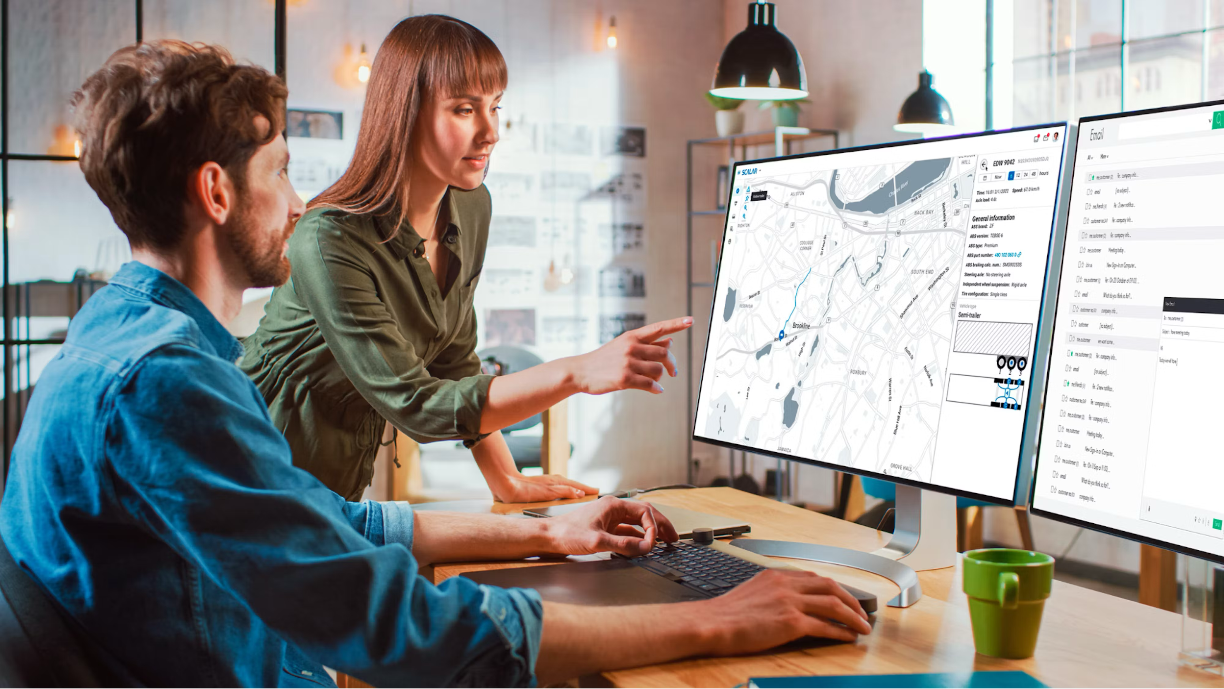 Image of a man and woman working with ZF's Scalar application on a computer.