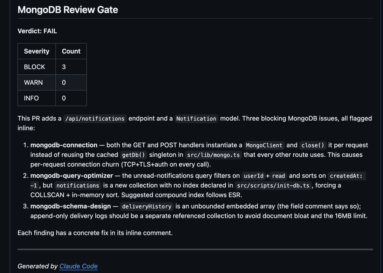 A list of three common MongoDB anti-patterns that often pass standard code reviews: unbounded array fields, missing indexes on query paths, and MongoDB client instantiation per request.