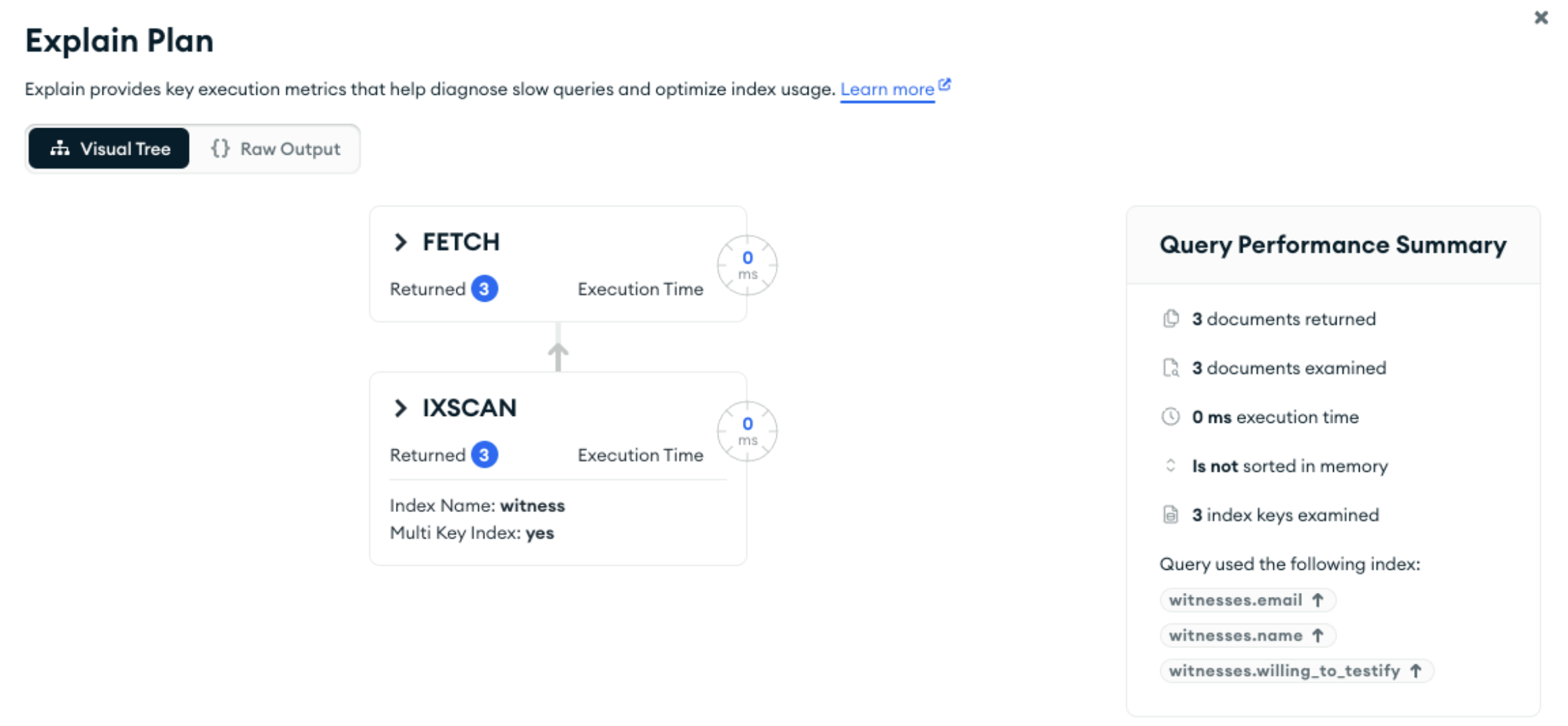 Explain plan showing that the conditional interface is being used with three index keys examined, three documents examined, and three documents returned.