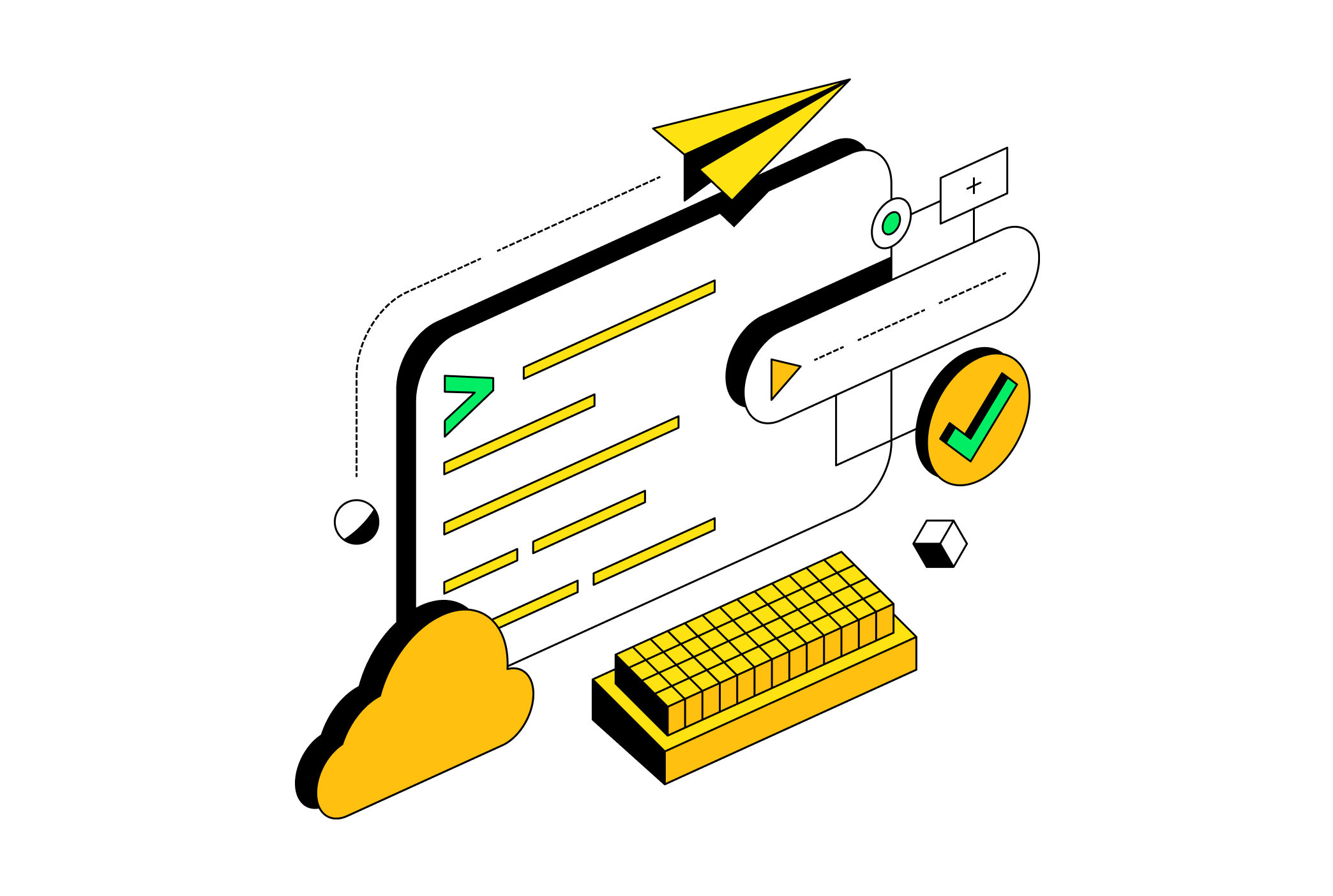  An illustration featuring a yellow cloud terminal, a yellow paper airplane, a keyboard, and a tick symbol