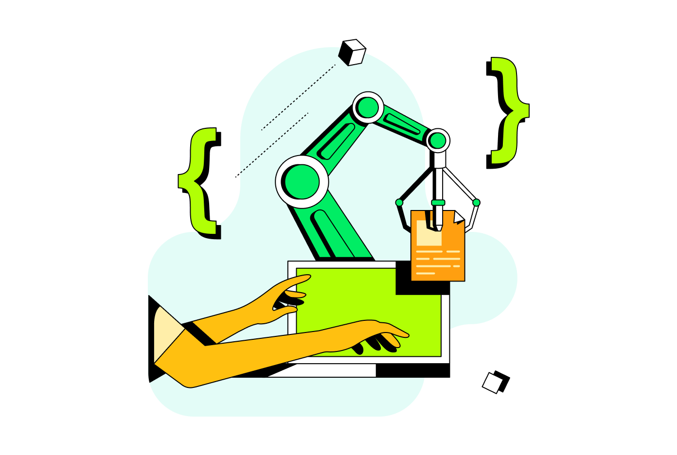 An illustration featuring hands typing on a laptop in the foreground, with a crane holding a document in the background.