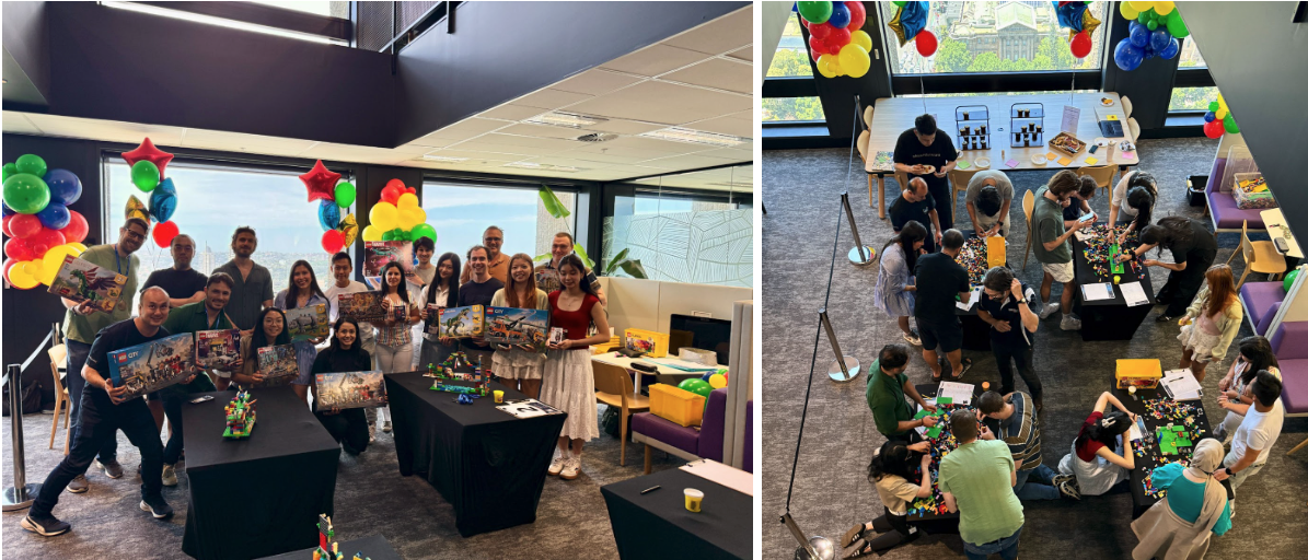 Two images of the LEGO building event in the Sydney office. In the image on the left, the teams are smiling while showing off their creations. In the image on the right, teams are viewed from above while they are gathered in their groups to work on the LEGO projects.