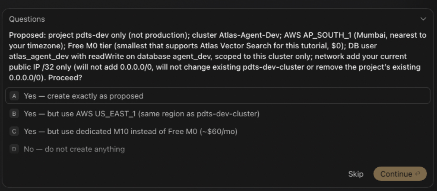 Screenshot of the Grok Build interface displaying an interactive prompt with cluster provisioning options, including choices for the Atlas project, region, cluster tier (Free M0 vs. M10), and database user permissions before proceeding.