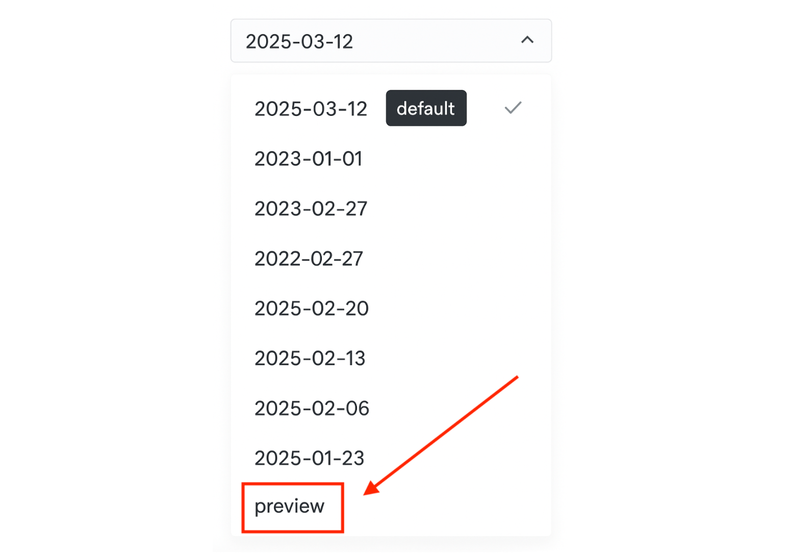 Screen grab of the dropdown that allows you to select the preview version.