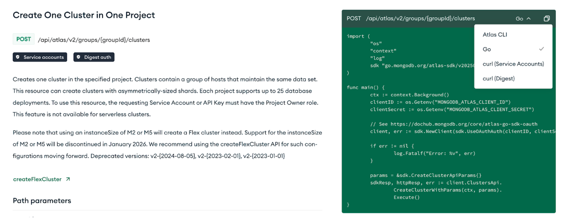 Screen grab showing that the GO SDK examples are not available for preview and private preview APIs