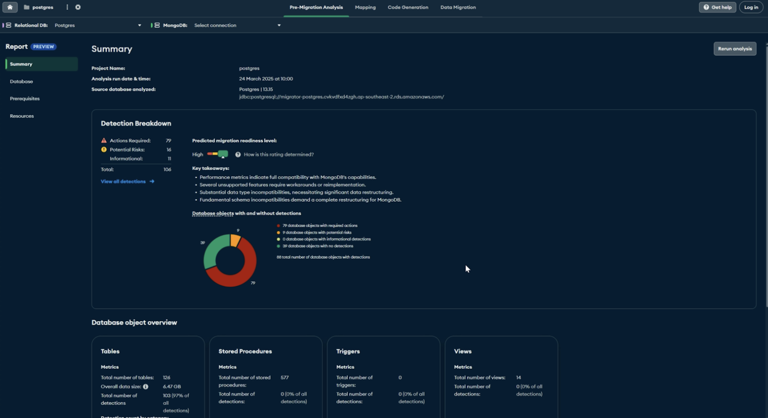 Screenshot of the pre-migration analysis dashboard giving the overview of the compatibility for your project.