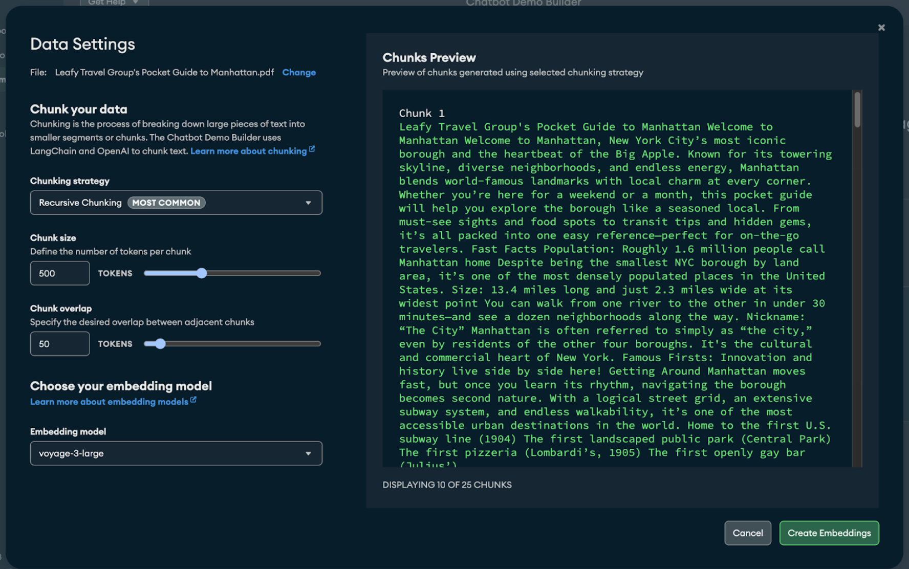 Screen grab of the data settings modal.