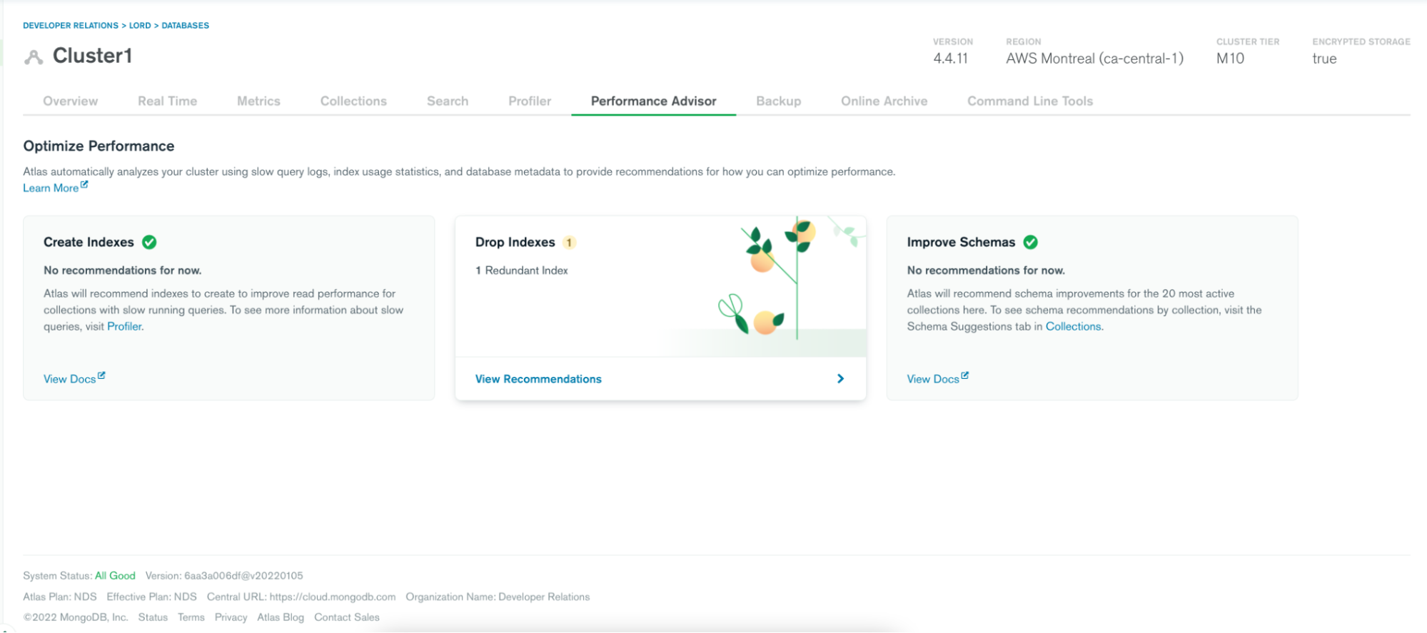 MongoDB Atlas performance advisor tool
