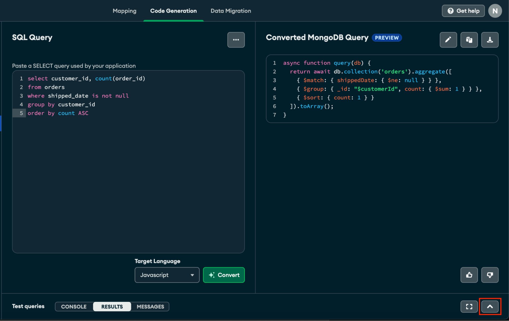 Relational Migrator UI - Test and compare converted queries