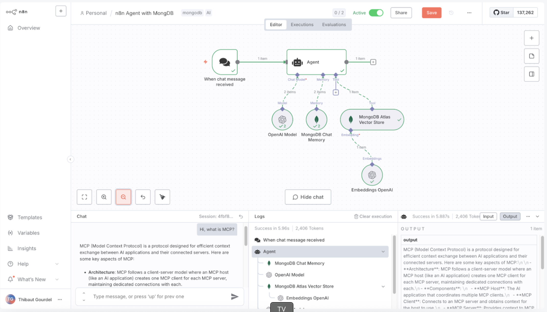 Screen grab of an example workflow in n8n.
