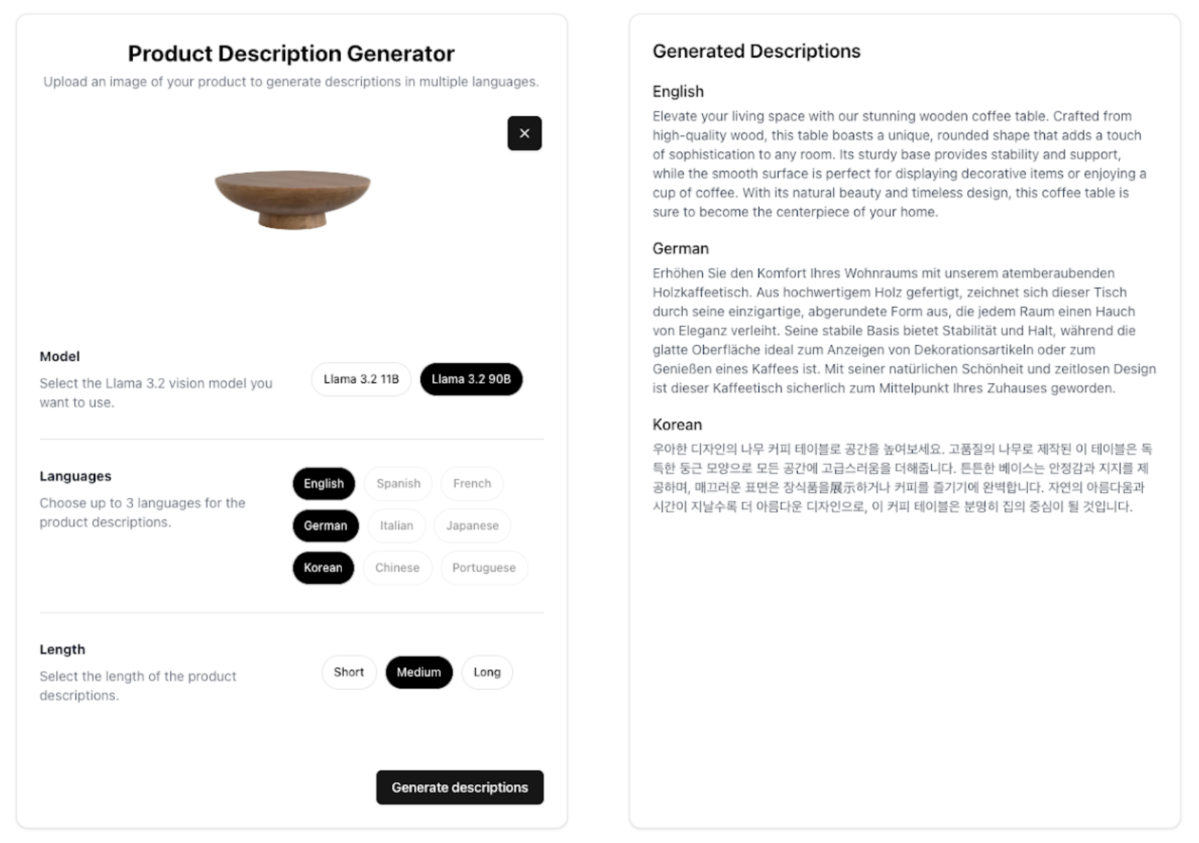 Screenshot of a demo app for product description generation.