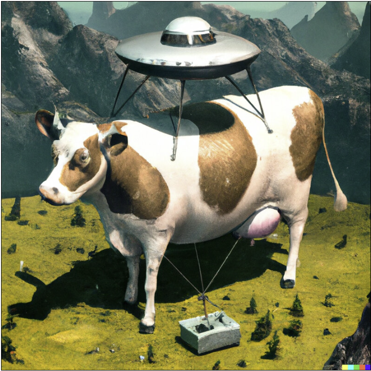 An AI-Generated image of a spaceship on a cow