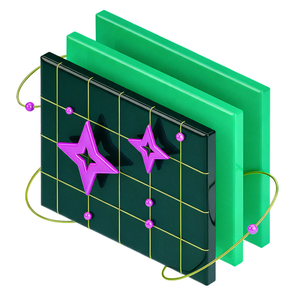 3D icon of stacked document-like panels in MongoDB green and forest black, accented with purple AI sparkles and a looping wire, representing AI-powered data.