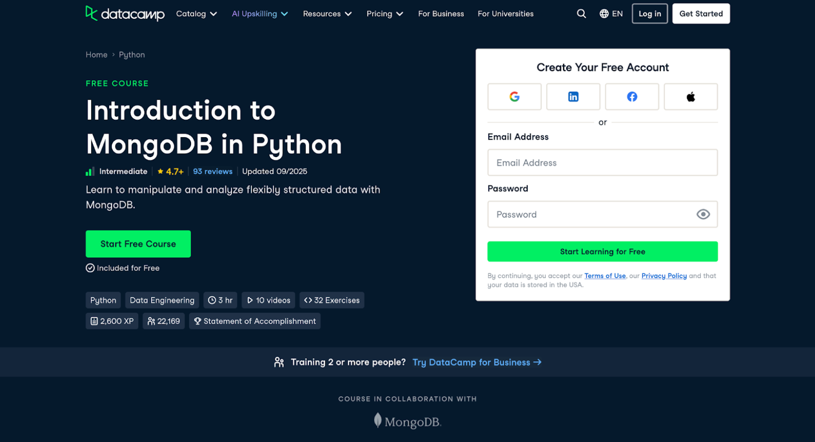 Screen grab of the introduction to MongoDB in Python course in DataCamp.