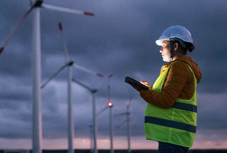 Photo of the worker in front of wind turbines.