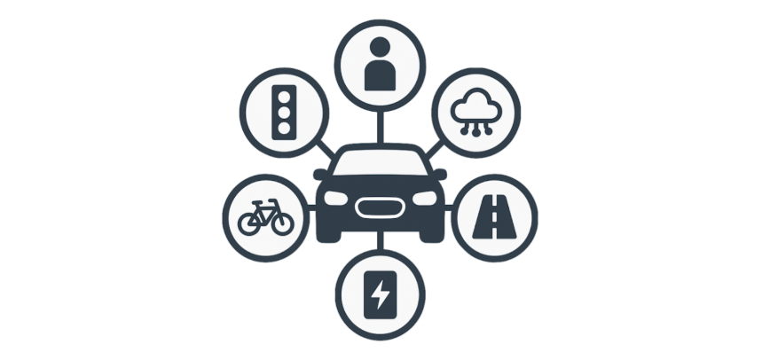 Simple black and white diagram showing a car in the middle with some of the sub-domains related to VDM around it. 