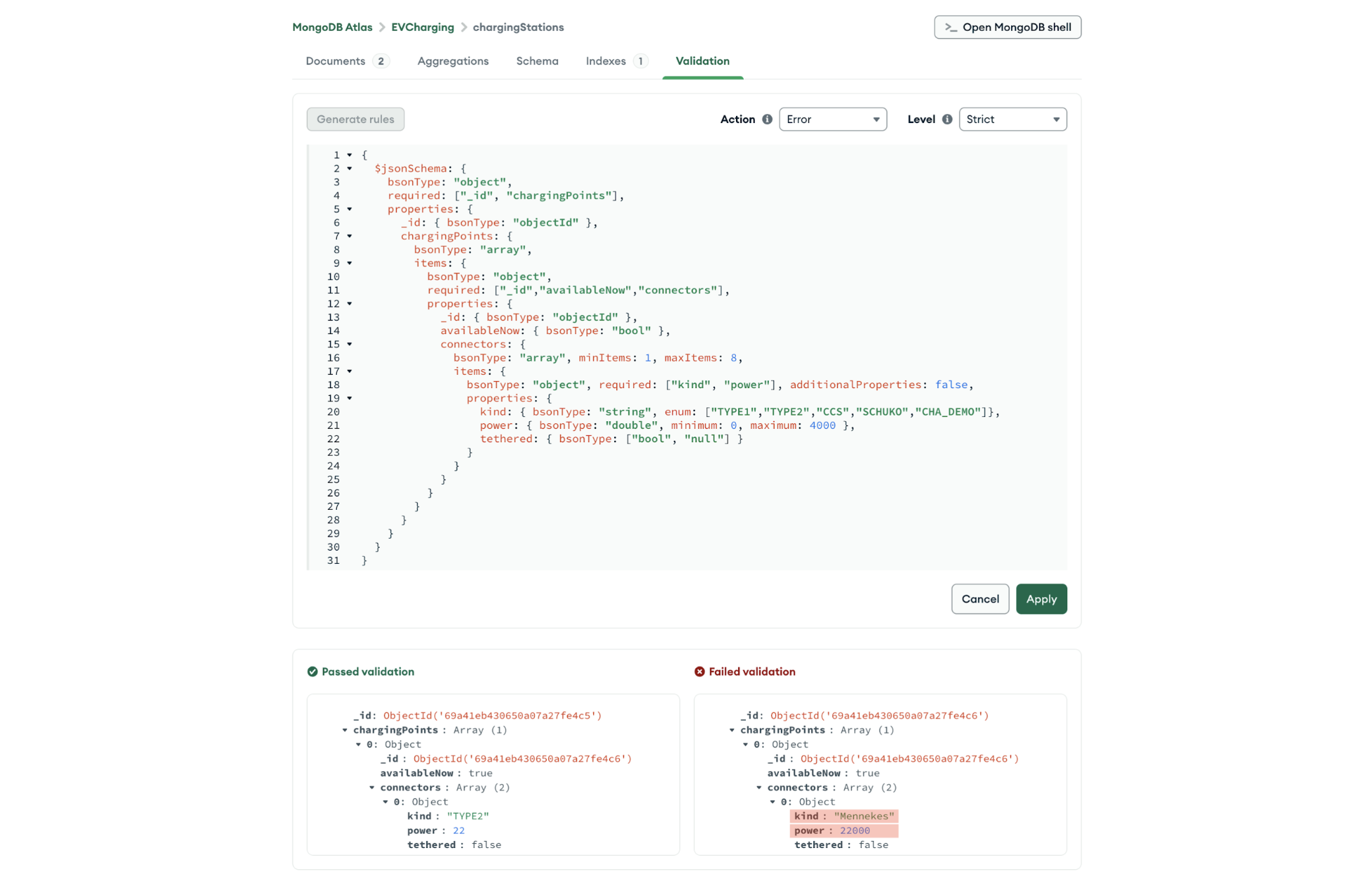 Screenshot of example code for schema validation within the MongoDB Compass UI.