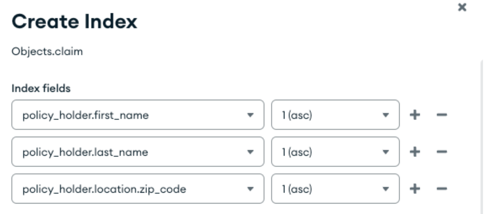 Creating an index on policy_holder.first_name, policy_holder.last_name, and policy_holder.location.zip_code.