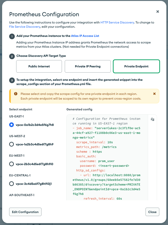 Screenshot of the secure architecture where Prometheus collectors privately gather MongoDB Atlas metrics using an AWS PrivateLink connection, ensuring all data collection remains within the secure AWS network.