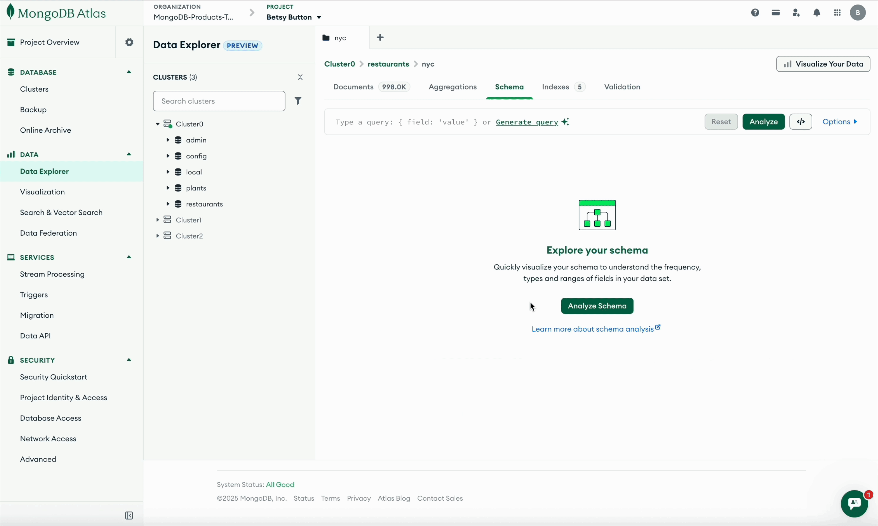 GIF showing how to use schema analysis tools to validate schema and schema validation rules.