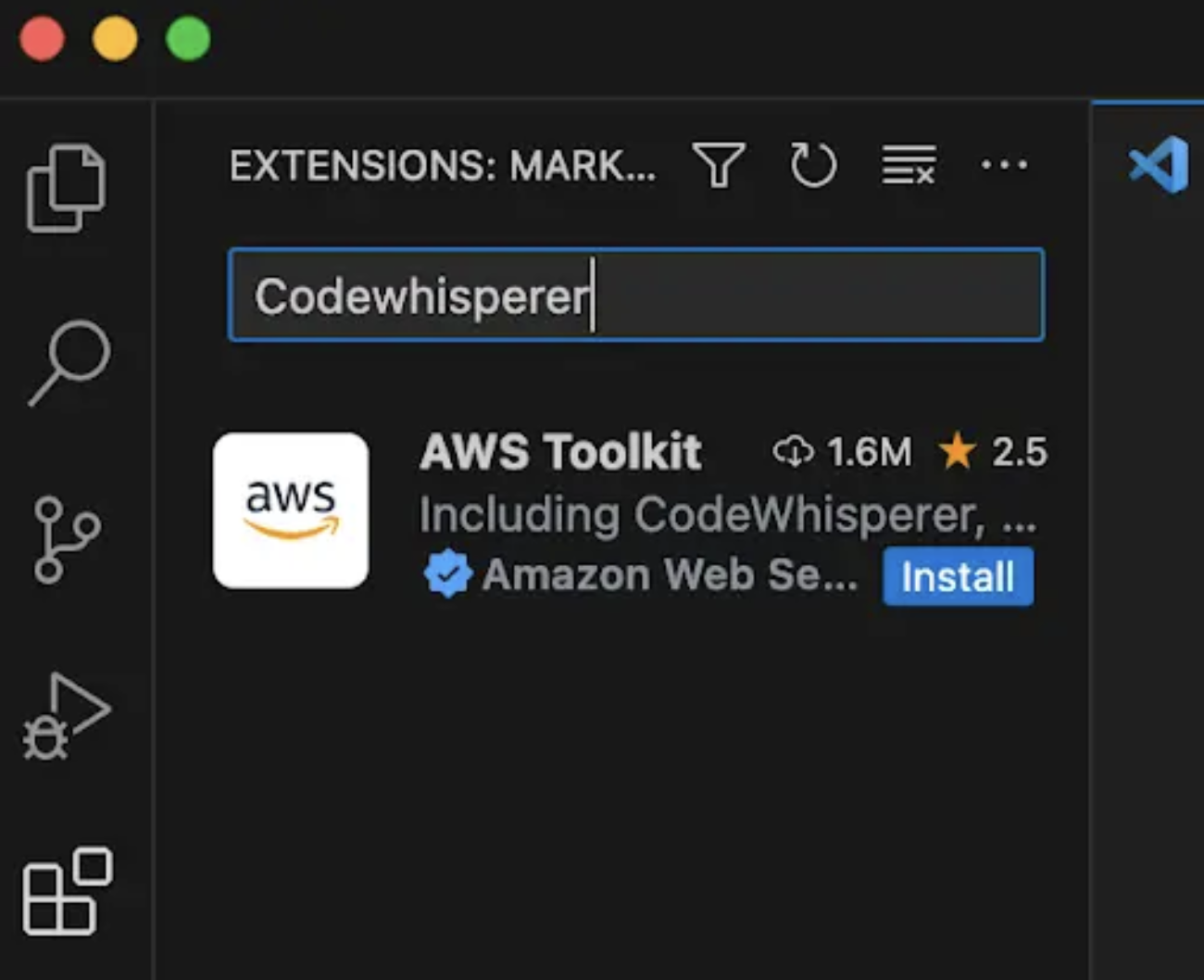 Screen grab showing searching for the AWS CodeWhisperer in the extensions store.