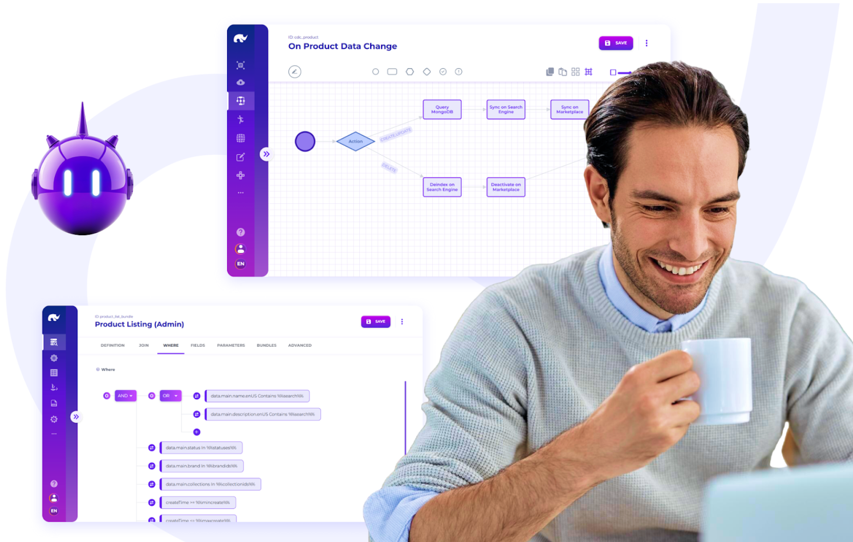 Image with a couple of screen grabs of the Rierino platform and a developer looking at a laptop.