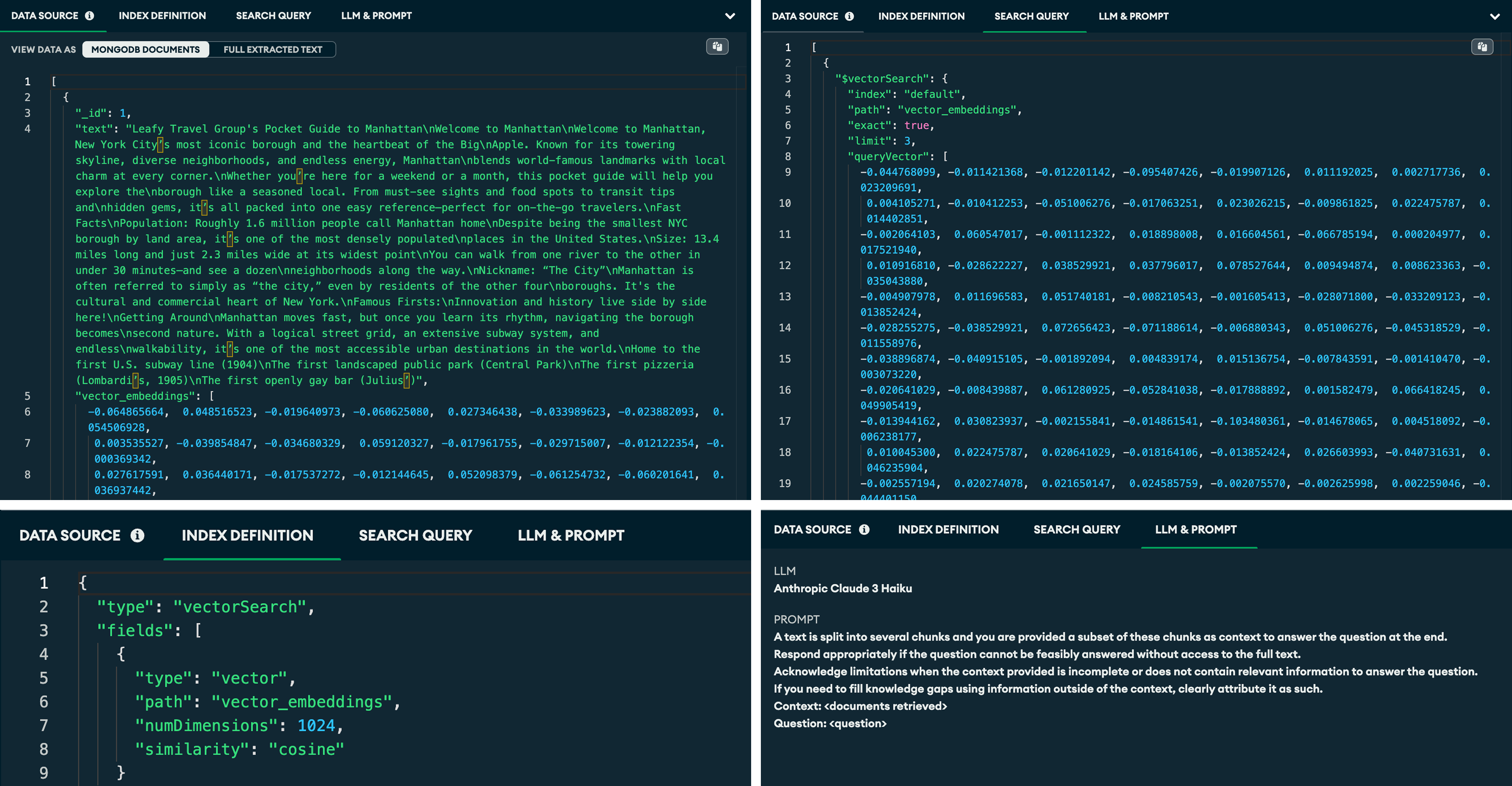 For this image, the screen grab on the top left displays the code for the data source, and the screen grab on the top right shows the code for the index definition. The bottom left of this image shows the code for the Search Query, while the screen grab on the bottom right shows the LLM & Prompt.