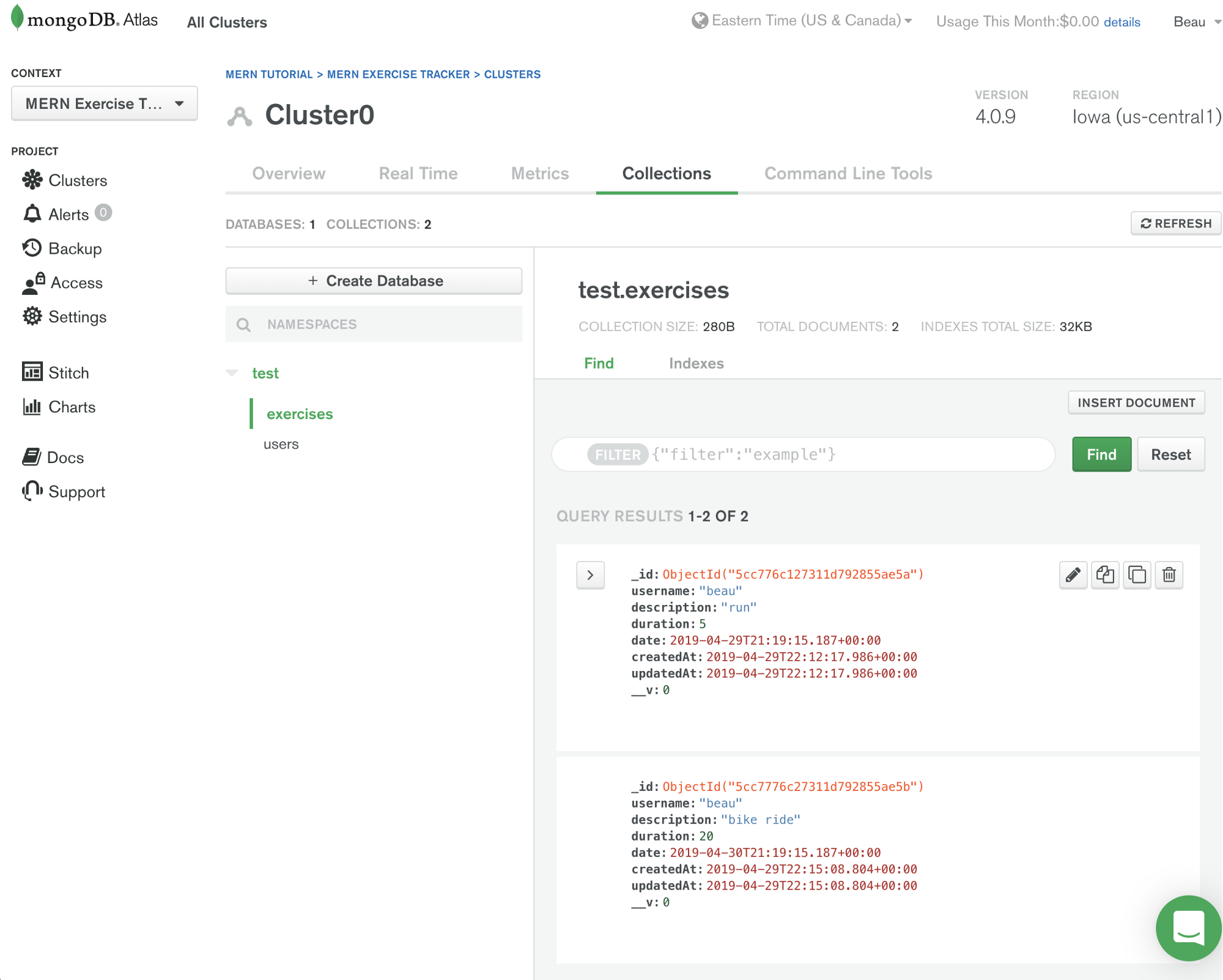 Atlas Dashboard test exercises